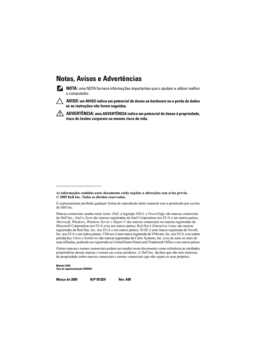 Dell E04S001, N732H manual Notas, Avisos e Advertências 