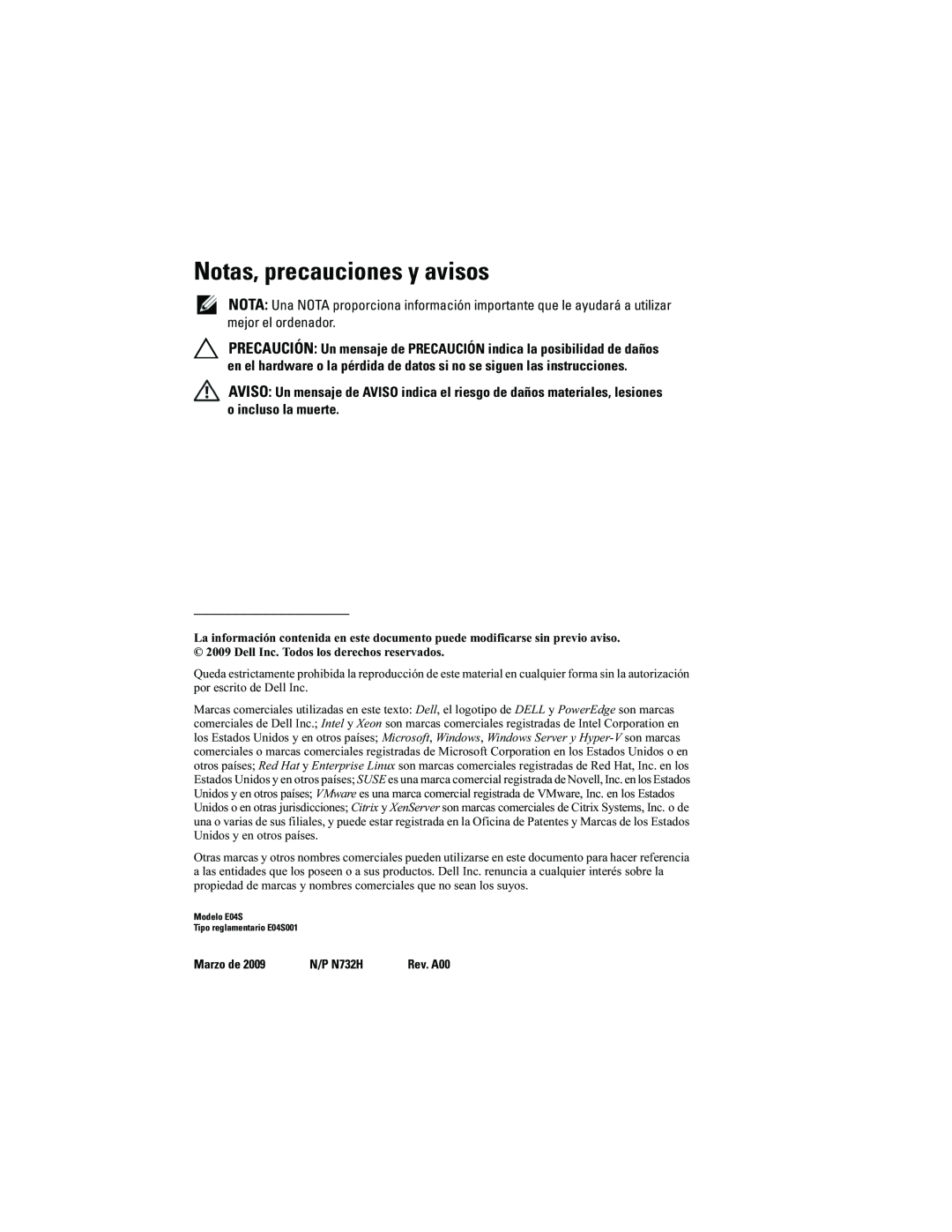 Dell E04S001, N732H manual Notas, precauciones y avisos 