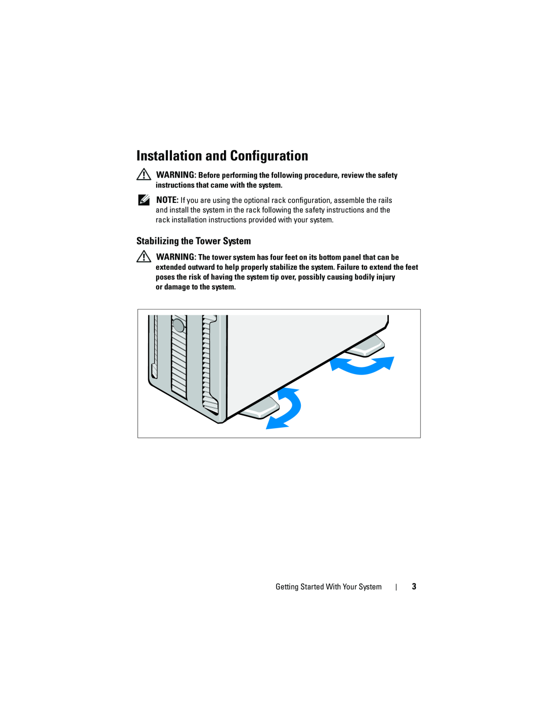 Dell N732H, E04S001 manual Installation and Configuration, Stabilizing the Tower System 
