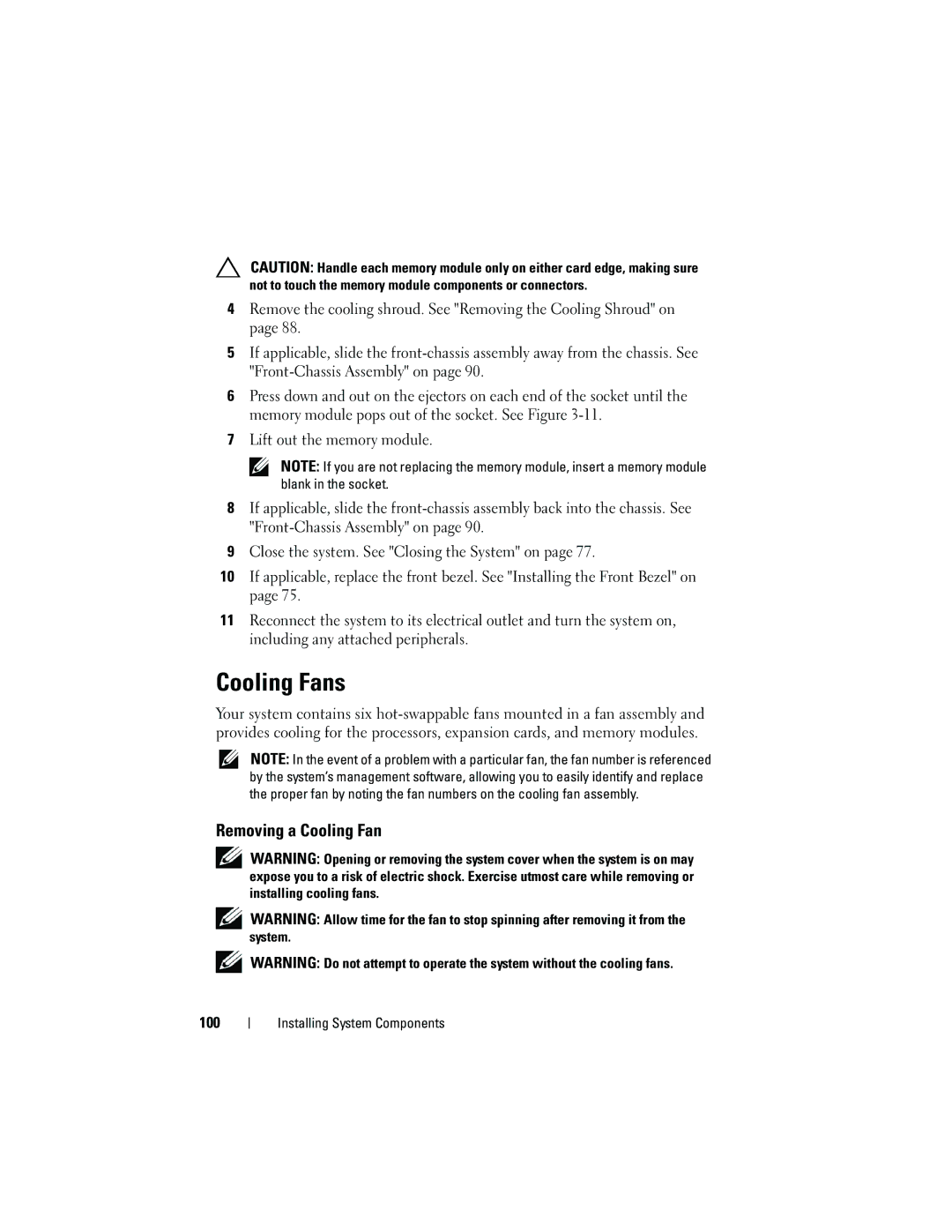 Dell E05S001 owner manual Cooling Fans, Removing a Cooling Fan 