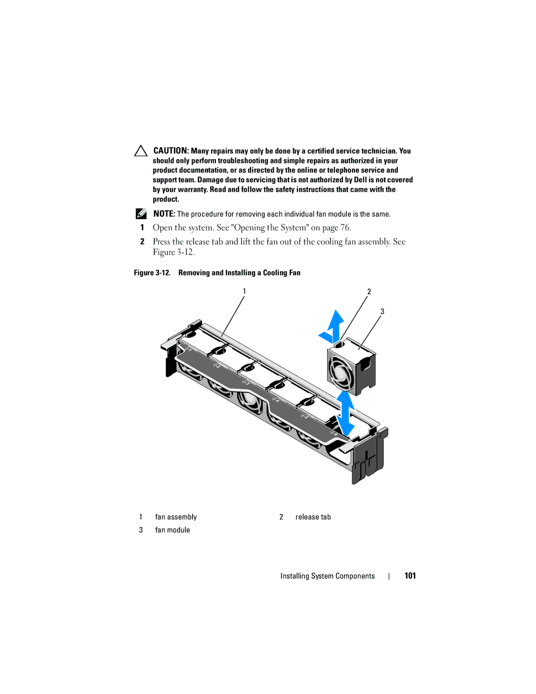 Dell E05S001 owner manual Removing and Installing a Cooling Fan Fan assembly, Fan module Installing System Components 