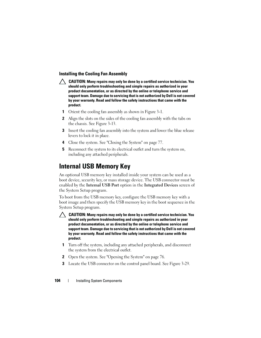 Dell E05S001 owner manual Internal USB Memory Key, Installing the Cooling Fan Assembly 