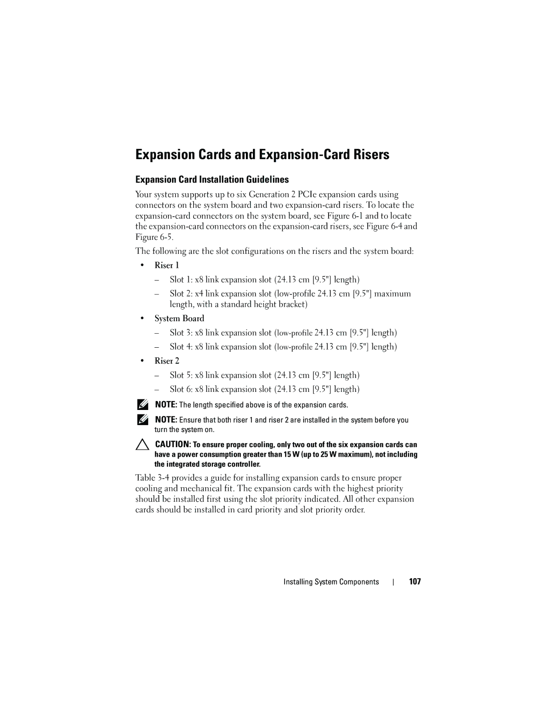 Dell E05S001 owner manual Expansion Cards and Expansion-Card Risers, Expansion Card Installation Guidelines 