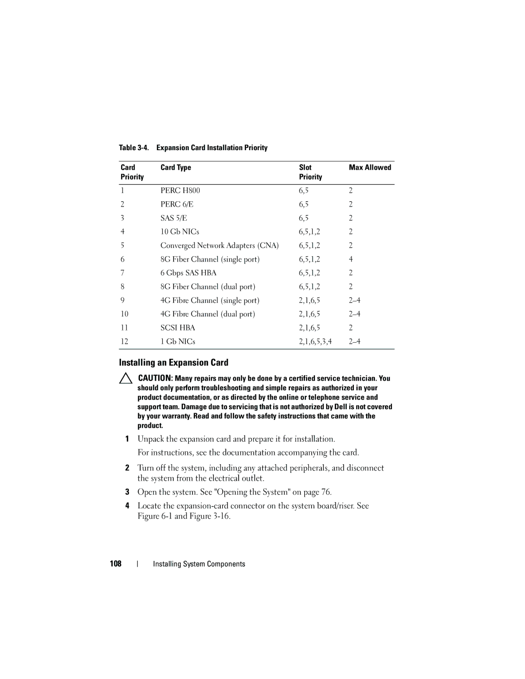 Dell E05S001 owner manual Installing an Expansion Card, 6,5 Gb NICs 6,5,3,4 