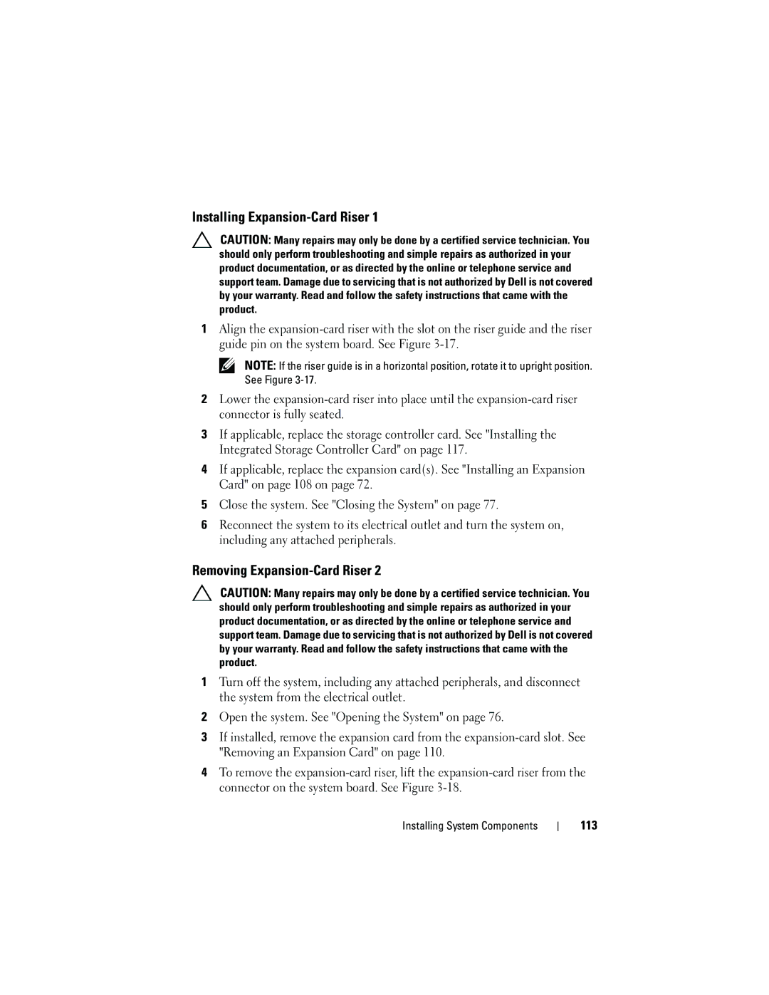 Dell E05S001 owner manual Installing Expansion-Card Riser, 113 
