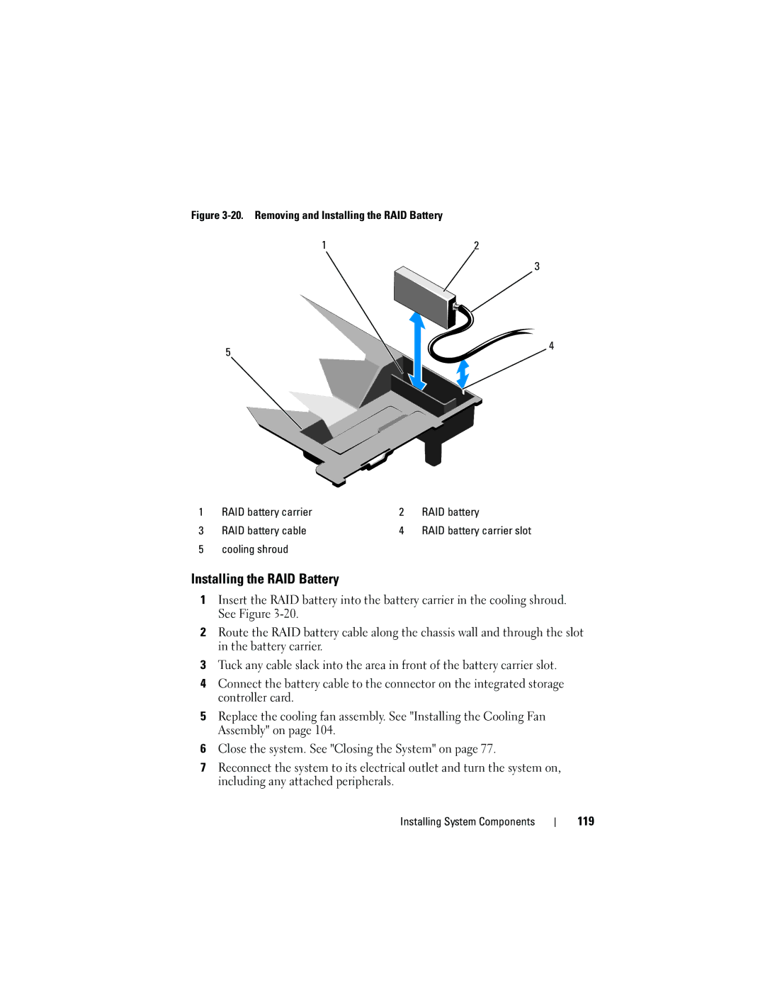 Dell E05S001 owner manual Installing the RAID Battery, Cooling shroud 