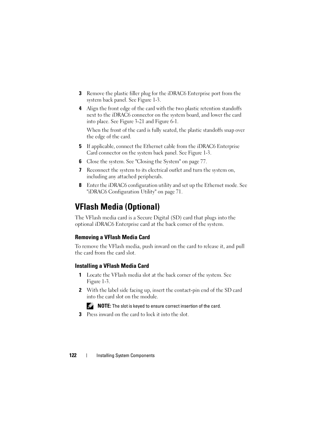 Dell E05S001 owner manual VFlash Media Optional, Removing a VFlash Media Card, Installing a VFlash Media Card 