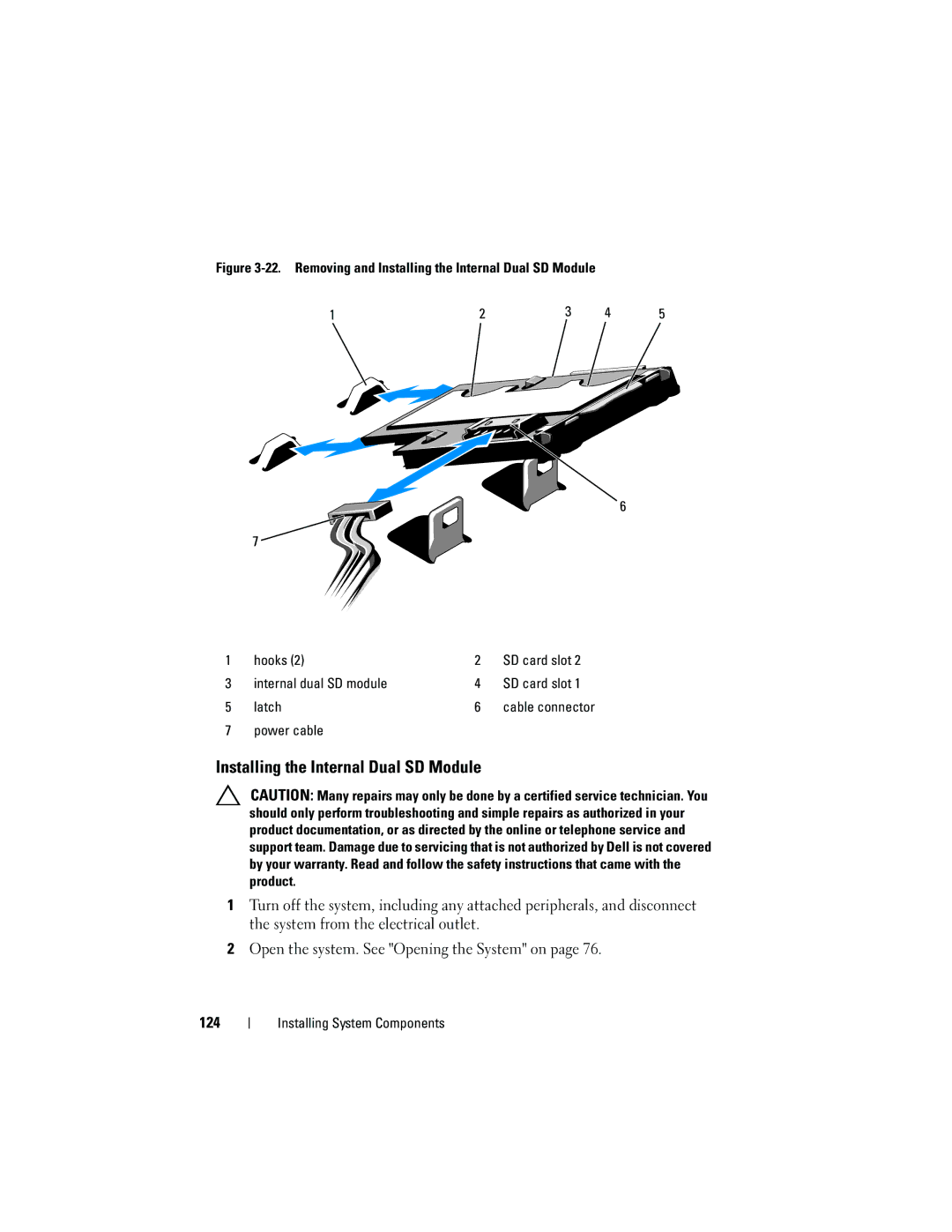 Dell E05S001 owner manual Installing the Internal Dual SD Module, Power cable 