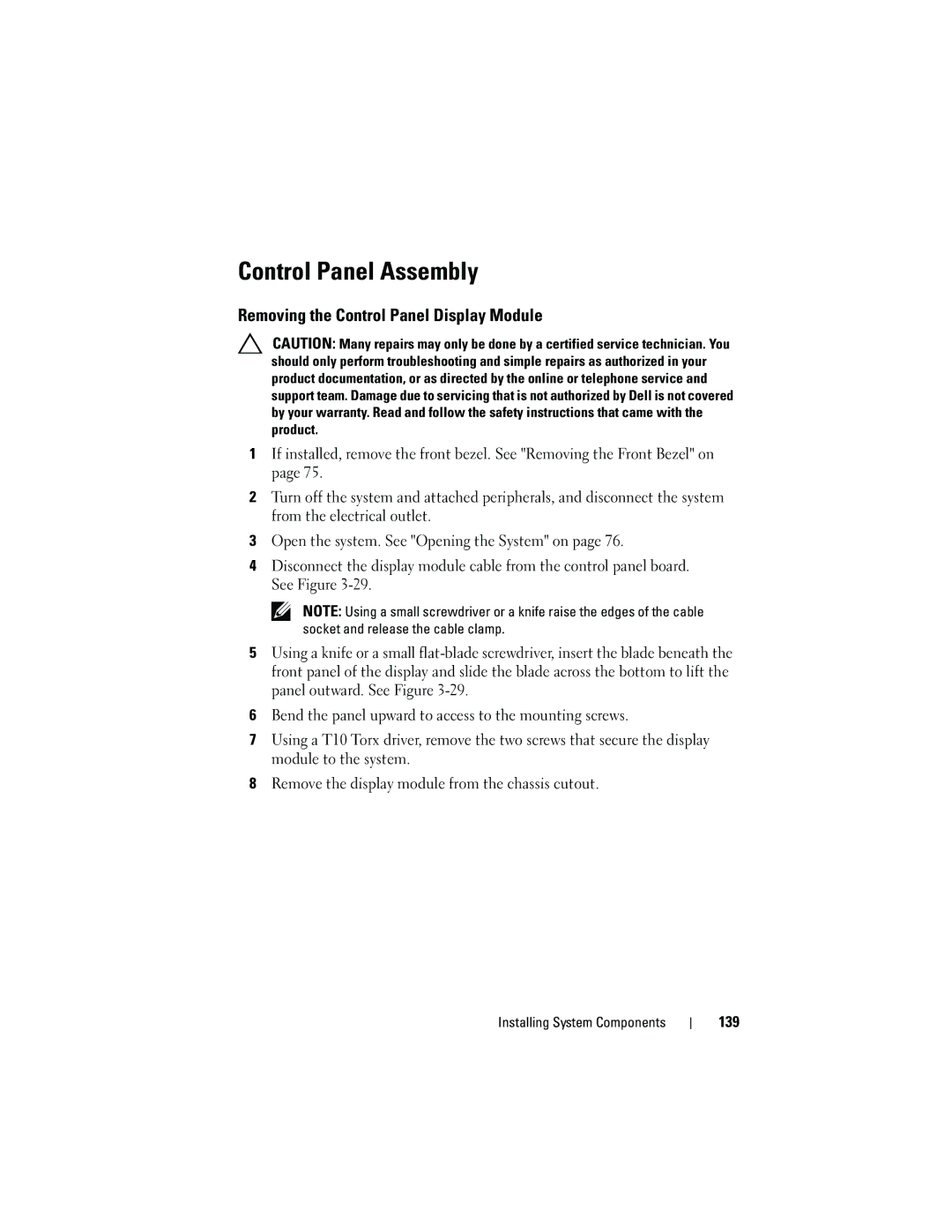 Dell E05S001 owner manual Control Panel Assembly, Removing the Control Panel Display Module 