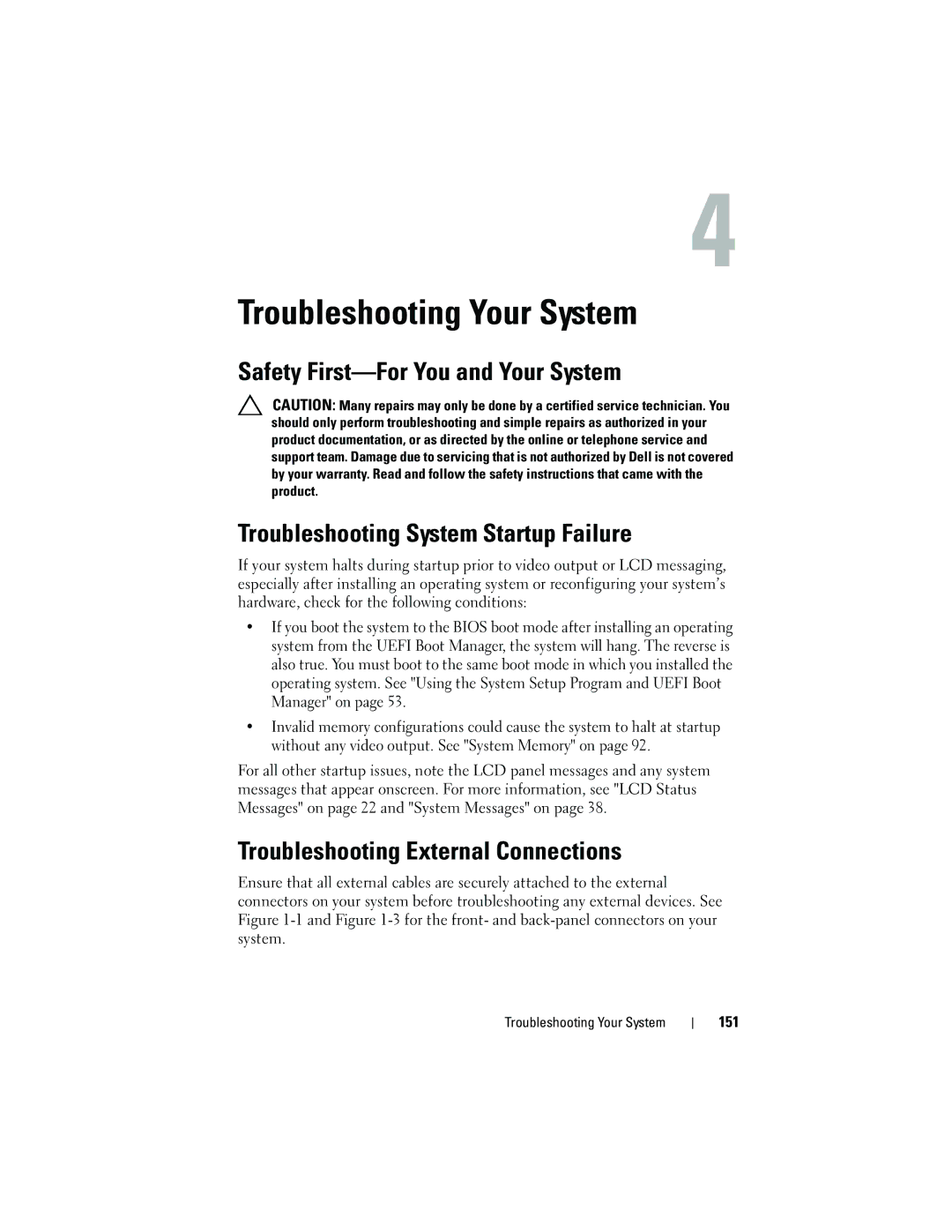 Dell E05S001 owner manual Troubleshooting External Connections, Troubleshooting Your System 