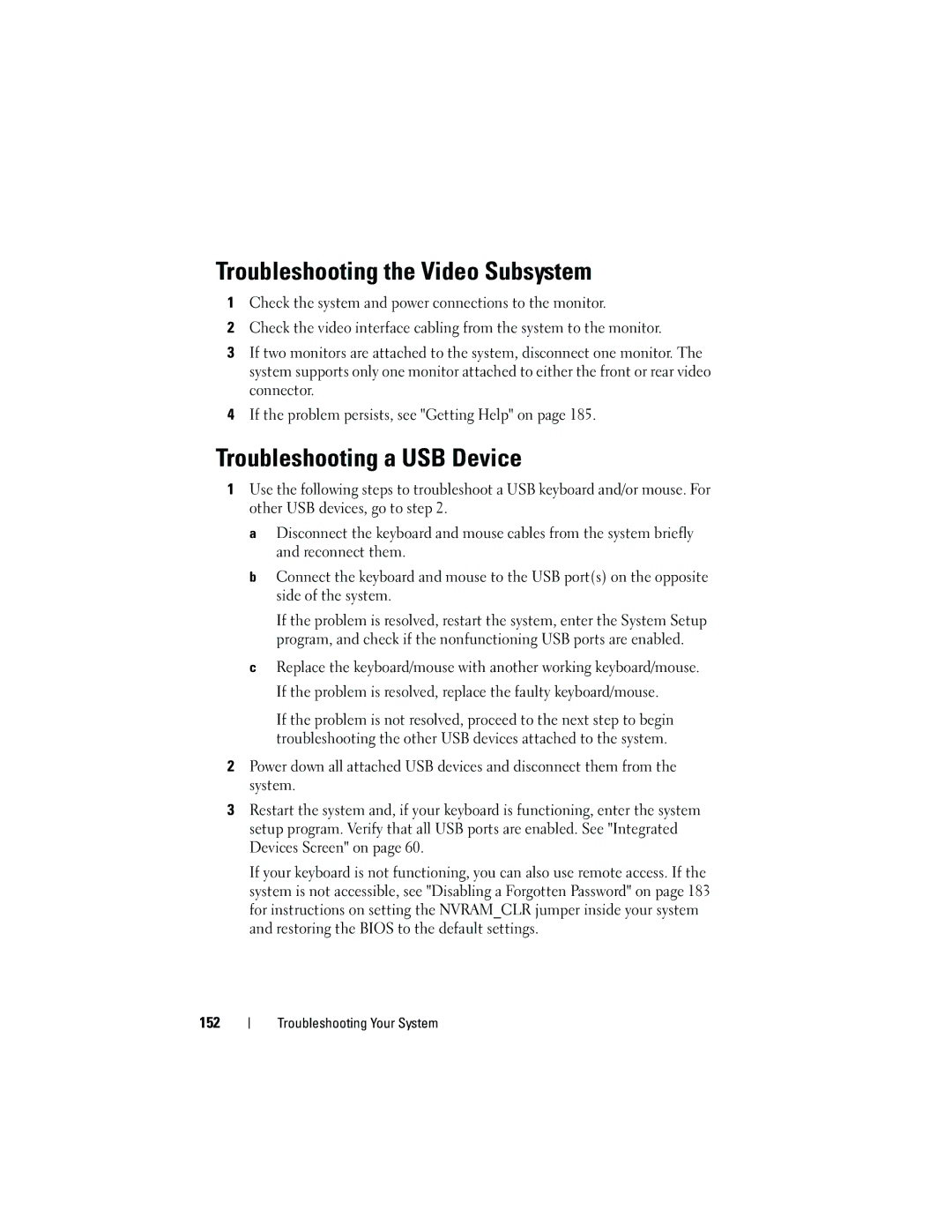 Dell E05S001 owner manual Troubleshooting the Video Subsystem, Troubleshooting a USB Device 