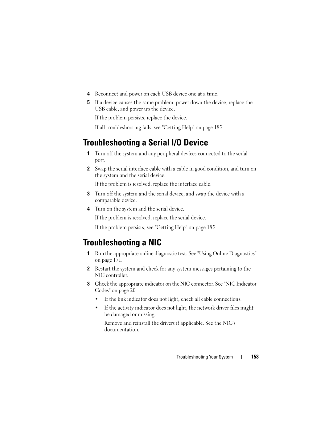 Dell E05S001 owner manual Troubleshooting a Serial I/O Device, Troubleshooting a NIC 