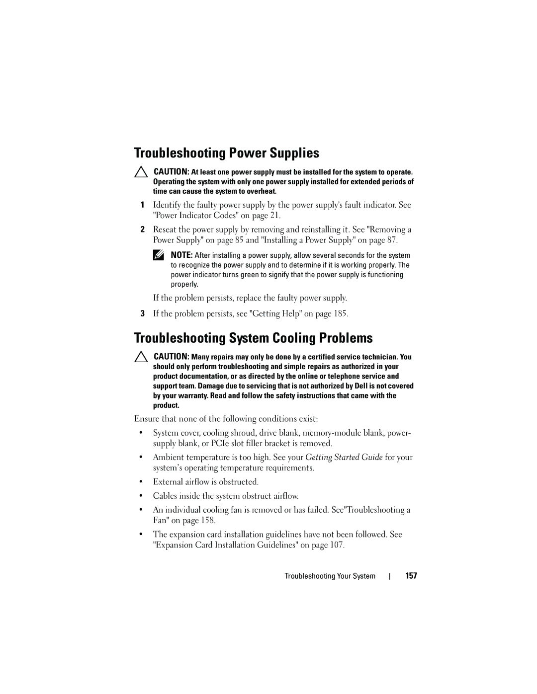 Dell E05S001 owner manual Troubleshooting Power Supplies, Troubleshooting System Cooling Problems 