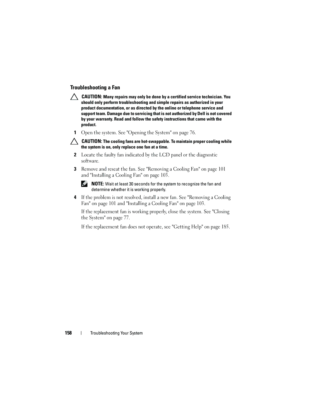 Dell E05S001 owner manual Troubleshooting a Fan 