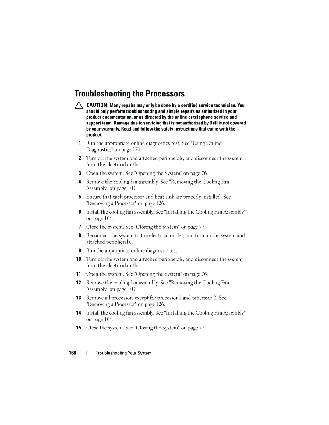 Dell E05S001 owner manual Troubleshooting the Processors 