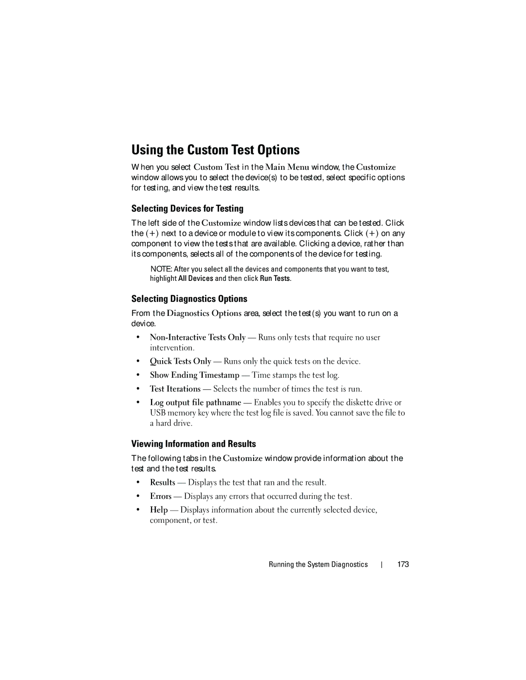 Dell E05S001 owner manual Using the Custom Test Options, Selecting Devices for Testing, Selecting Diagnostics Options 