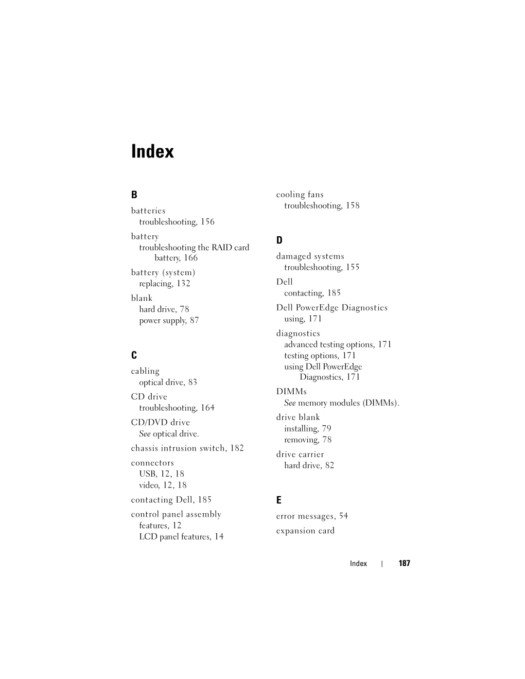 Dell E05S001 owner manual Using Dell PowerEdge Diagnostics, Index 