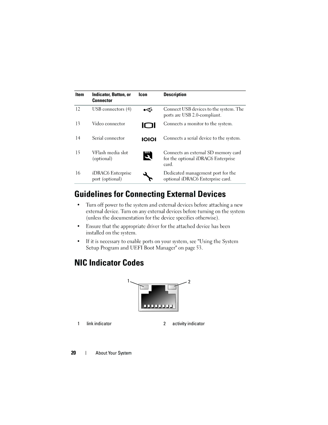 Dell E05S001 Guidelines for Connecting External Devices, NIC Indicator Codes, VFlash media slot, Link indicator 