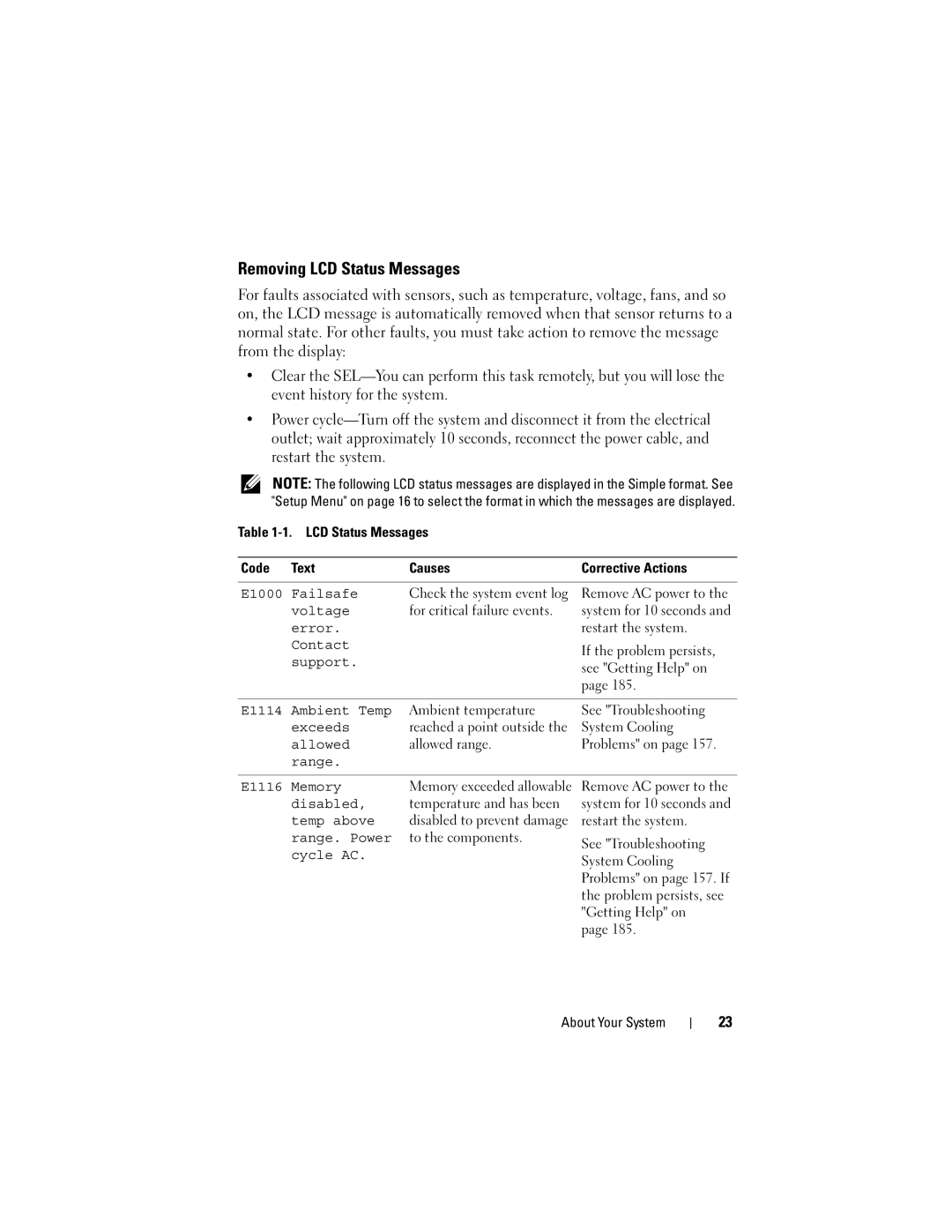 Dell E05S001 owner manual Removing LCD Status Messages 