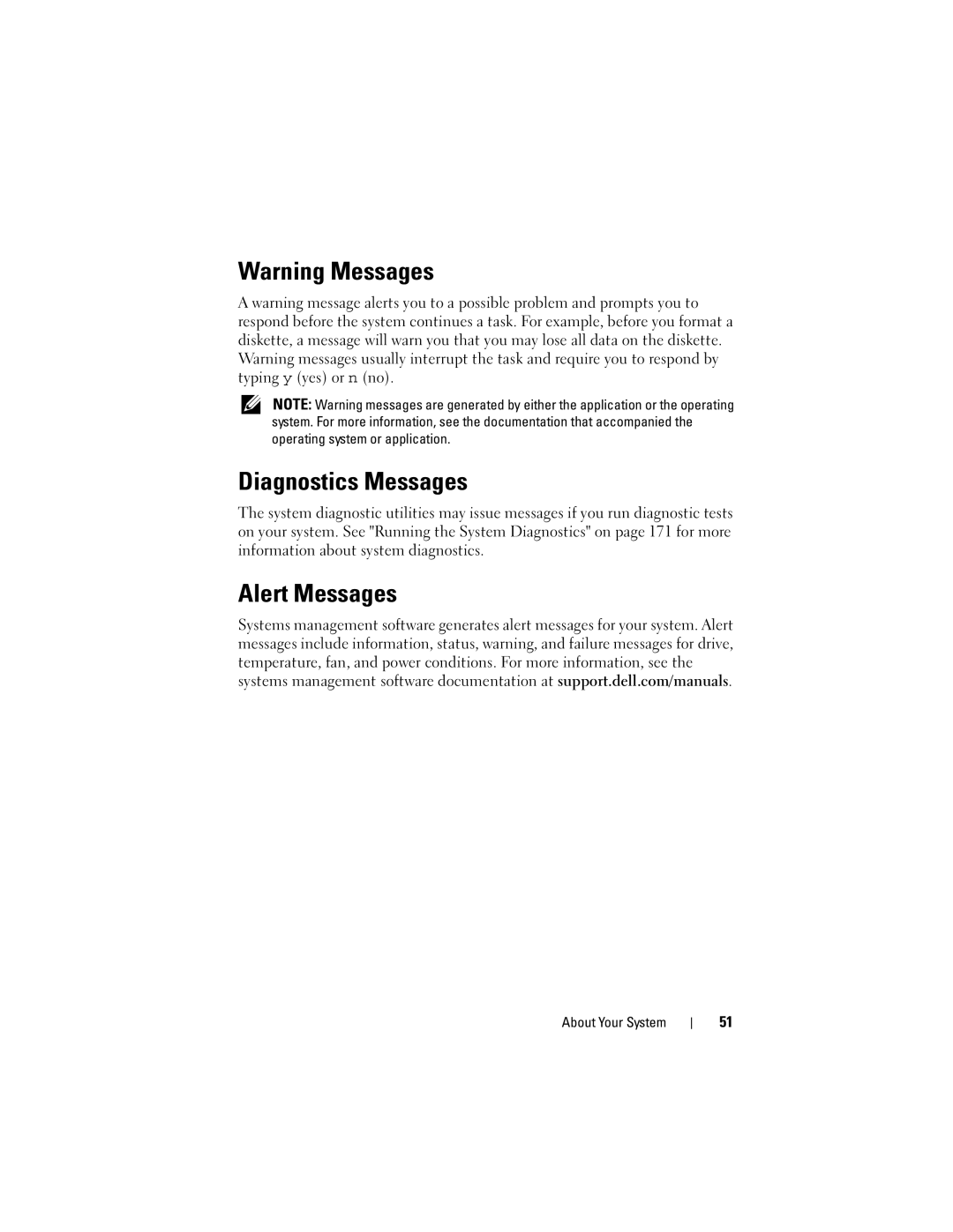 Dell E05S001 owner manual Diagnostics Messages, Alert Messages 