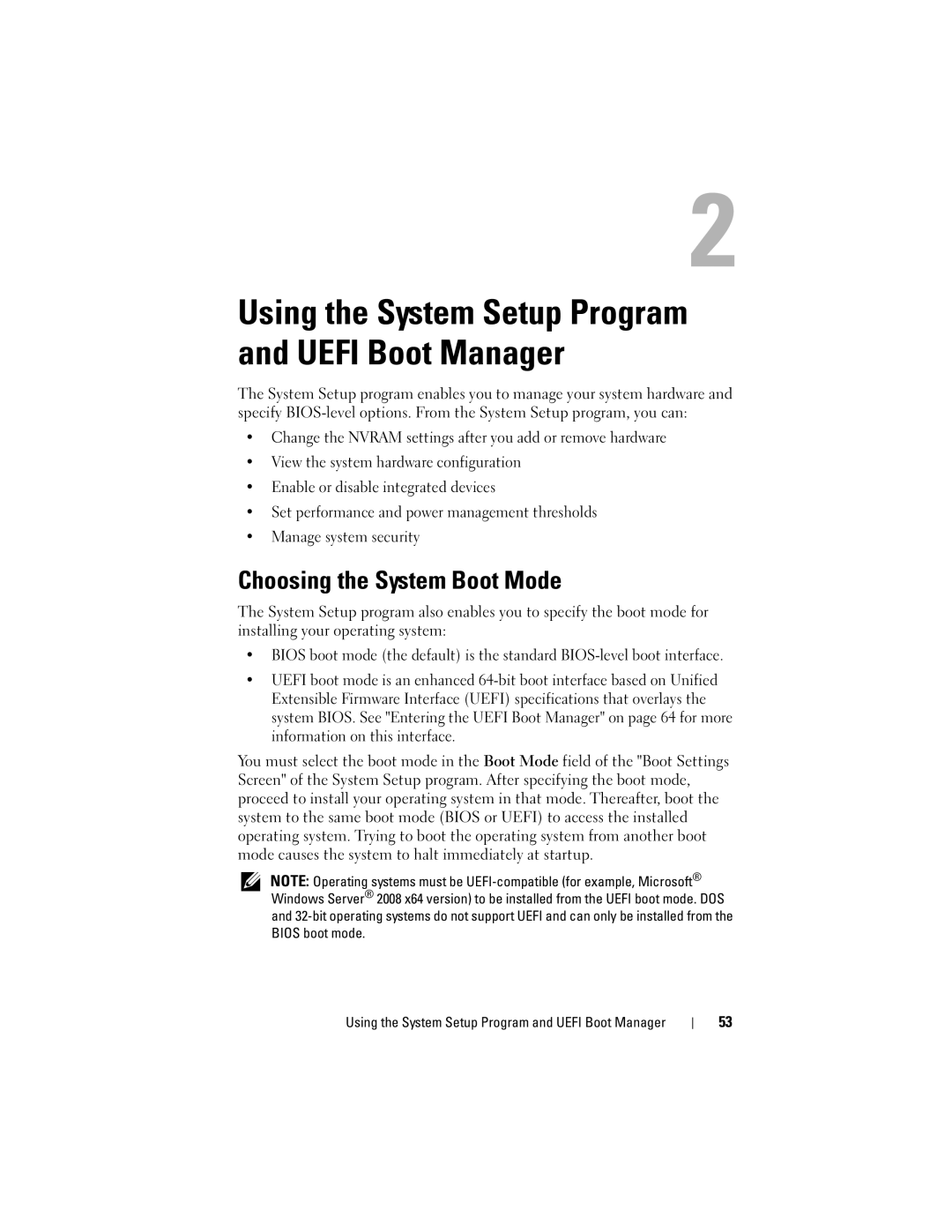 Dell E05S001 owner manual Choosing the System Boot Mode, Using the System Setup Program and Uefi Boot Manager 