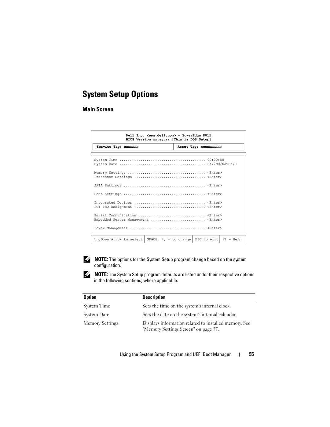 Dell E05S001 owner manual System Setup Options, Main Screen, Memory Settings Screen on 