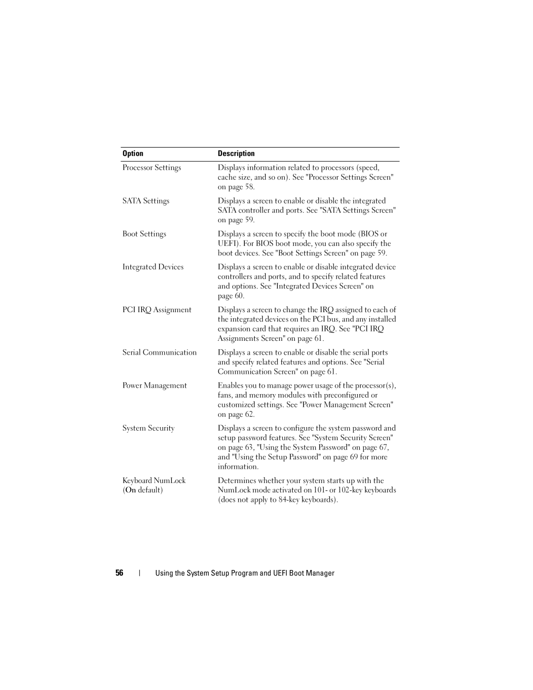 Dell E05S001 owner manual Sata Settings, Boot Settings, Options. See Integrated Devices Screen on, PCI IRQ Assignment 