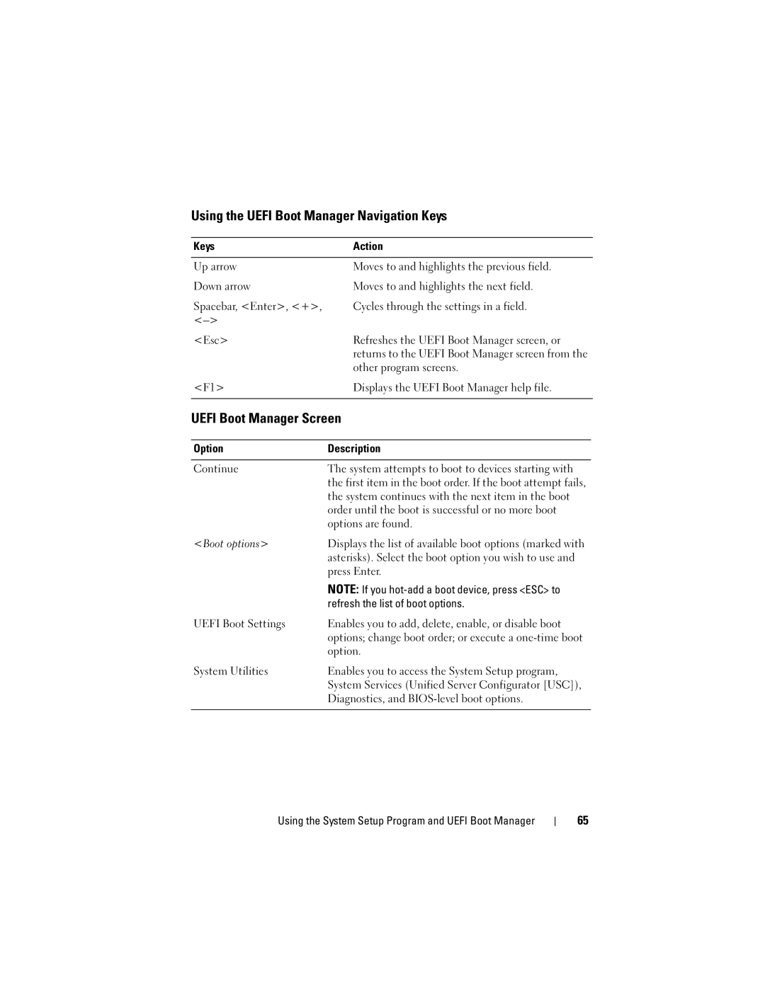 Dell E05S001 owner manual Using the Uefi Boot Manager Navigation Keys, Uefi Boot Manager Screen 