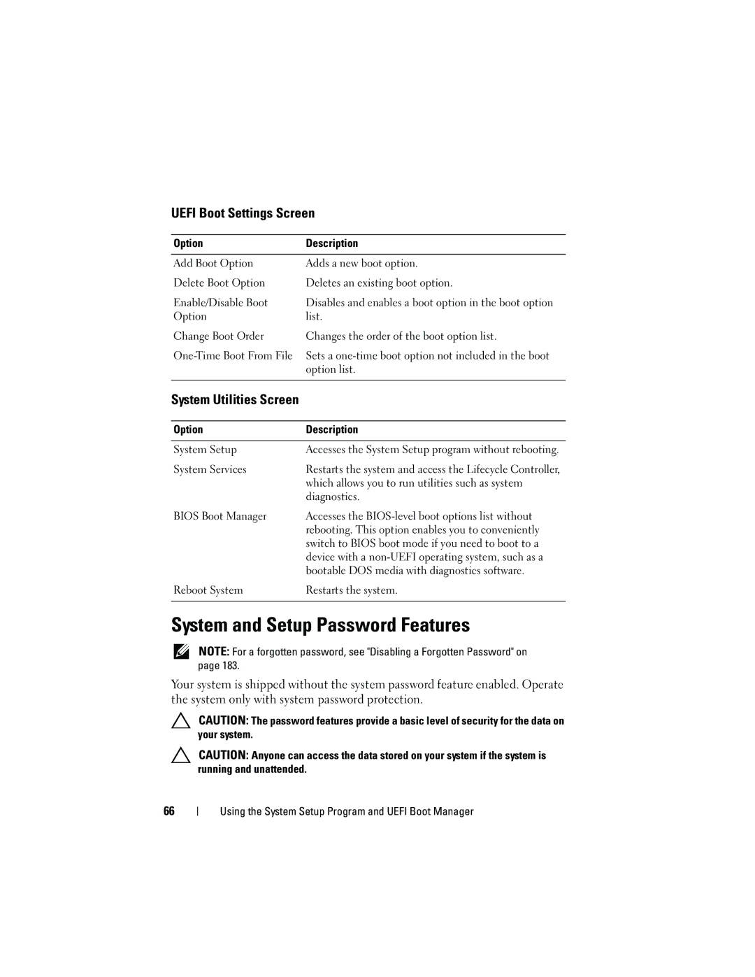 Dell E05S001 owner manual System and Setup Password Features, Uefi Boot Settings Screen, System Utilities Screen 