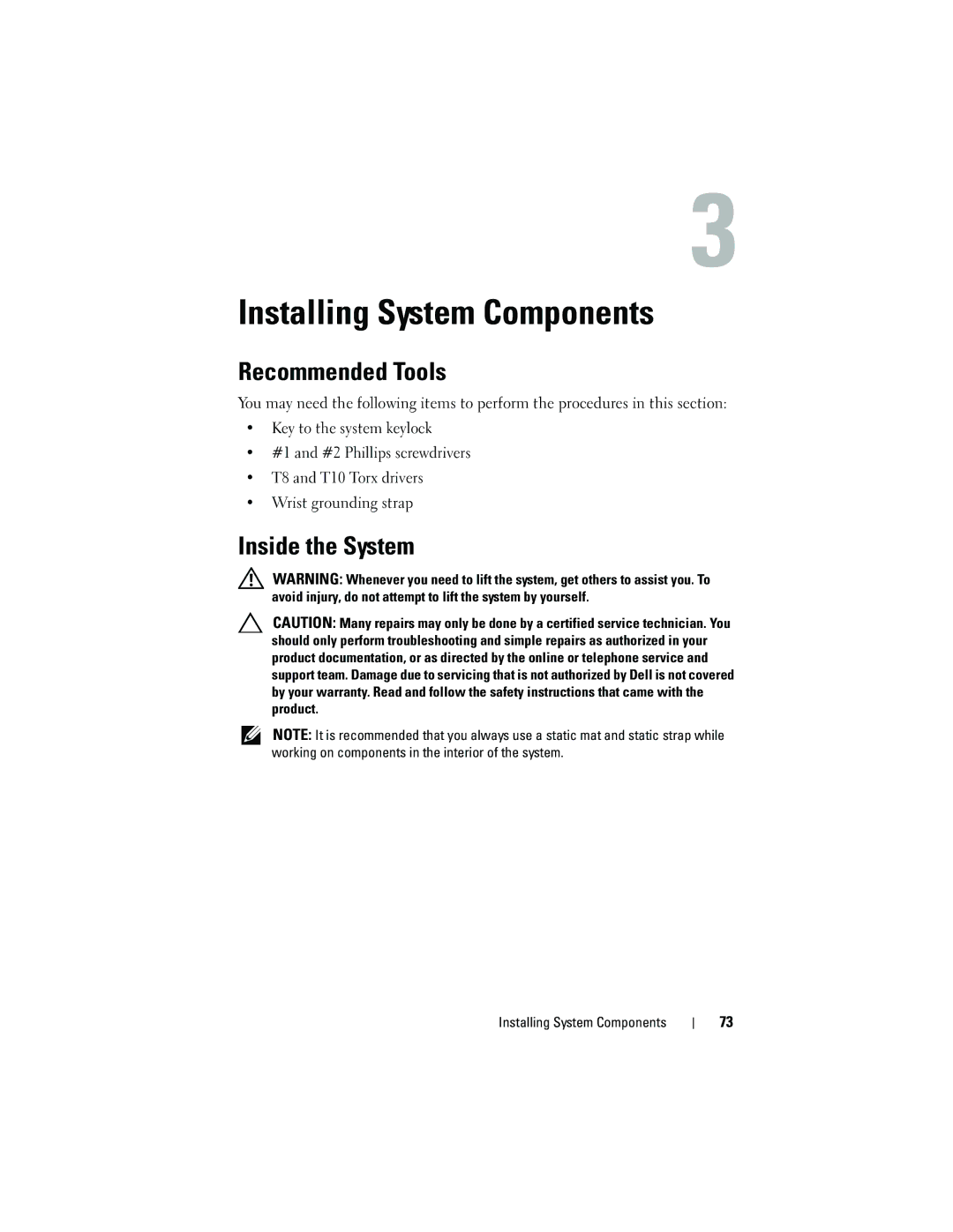 Dell E05S001 owner manual Recommended Tools, Inside the System, Installing System Components 