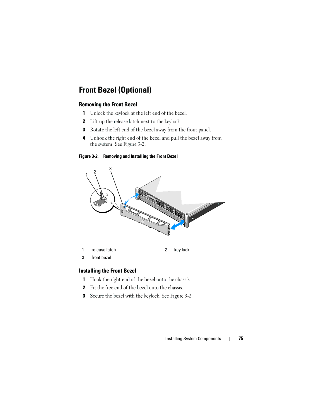 Dell E05S001 owner manual Front Bezel Optional, Removing the Front Bezel, Installing the Front Bezel, Front bezel 