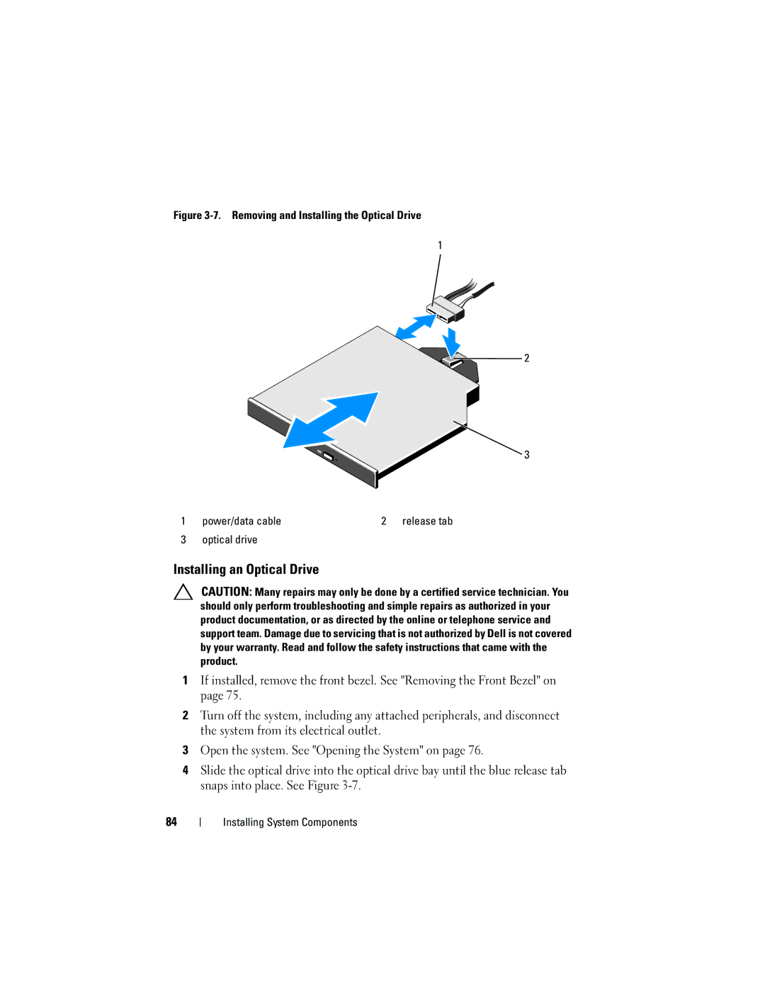 Dell E05S001 owner manual Installing an Optical Drive, Removing and Installing the Optical Drive Power/data cable 