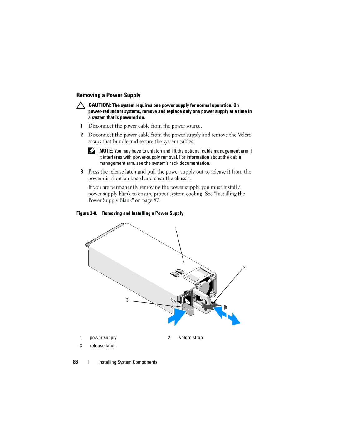 Dell E05S001 owner manual Removing a Power Supply, Release latch Installing System Components 