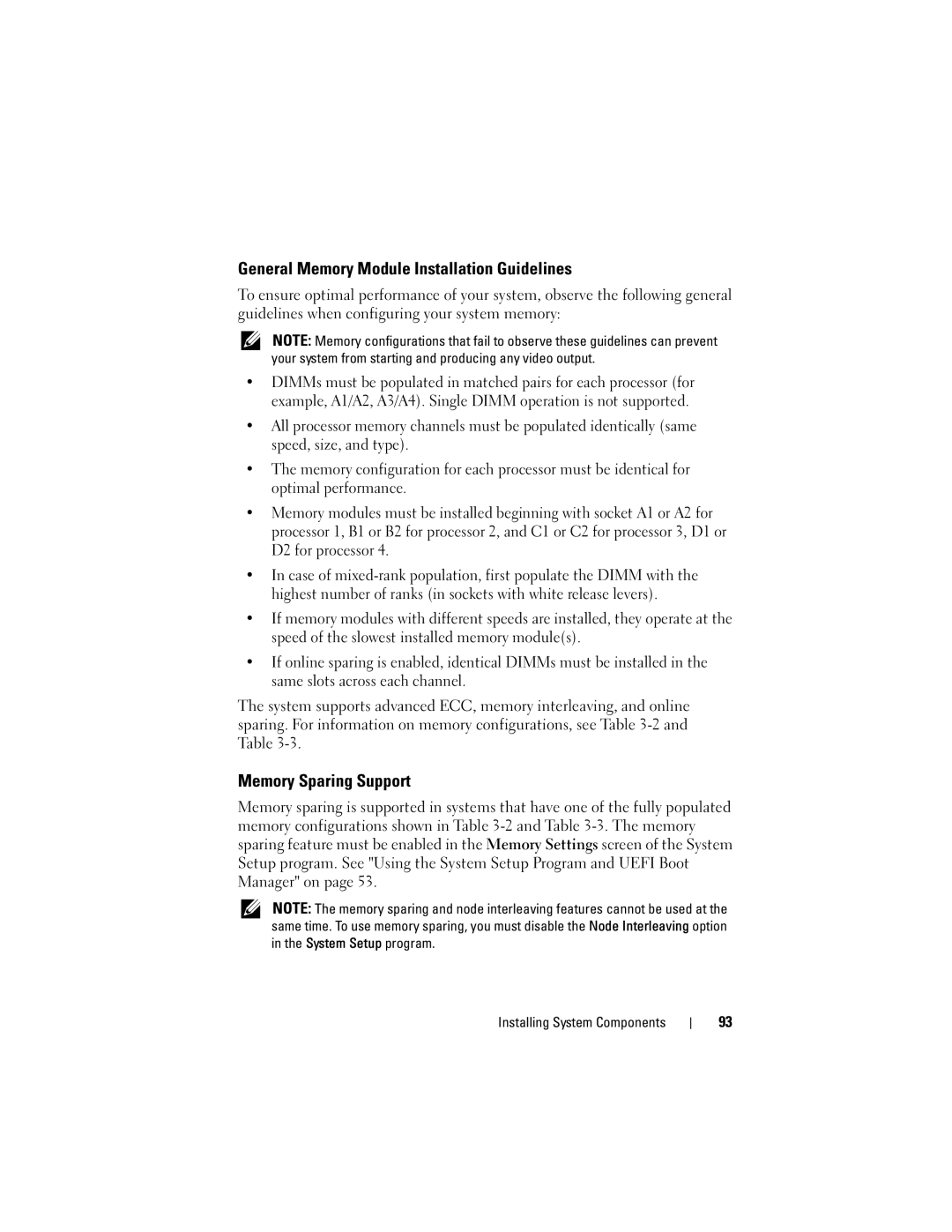 Dell E05S001 owner manual General Memory Module Installation Guidelines, Memory Sparing Support 