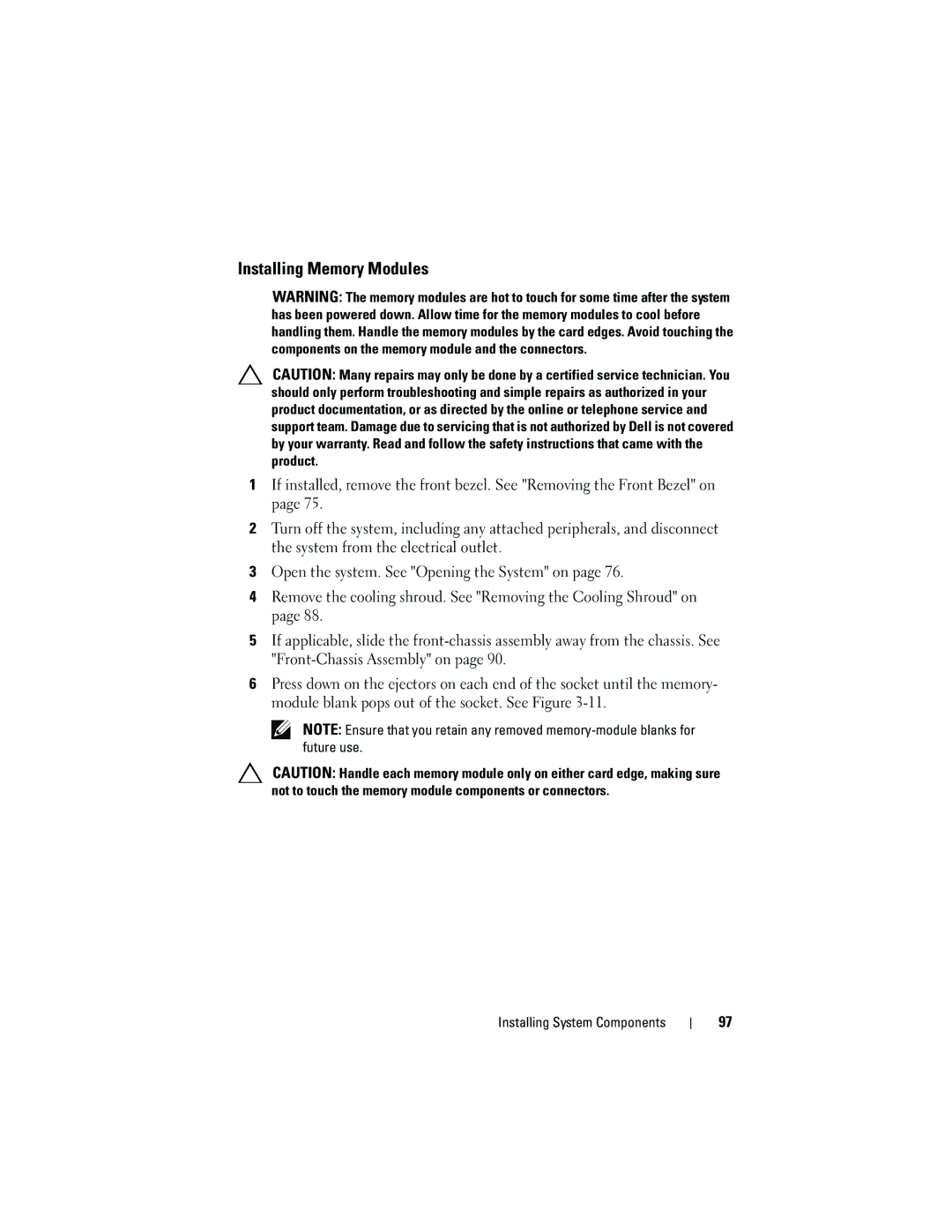 Dell E05S001 owner manual Installing Memory Modules 