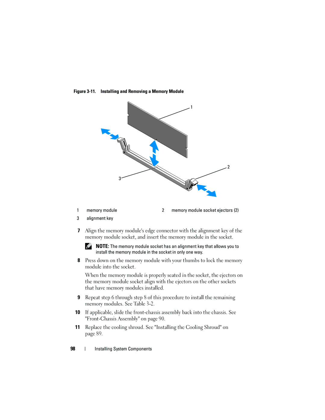 Dell E05S001 owner manual Installing and Removing a Memory Module Memory module 