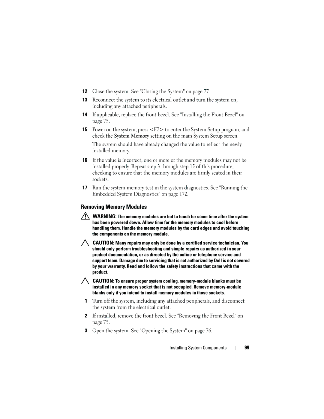 Dell E05S001 owner manual Removing Memory Modules 