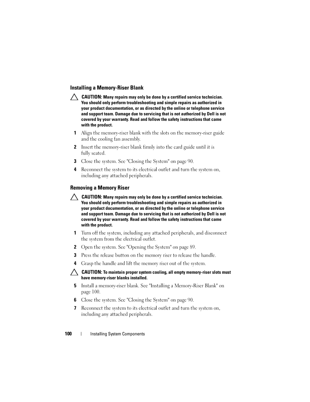 Dell E06S001, E06S Series owner manual Installing a Memory-Riser Blank, Removing a Memory Riser 