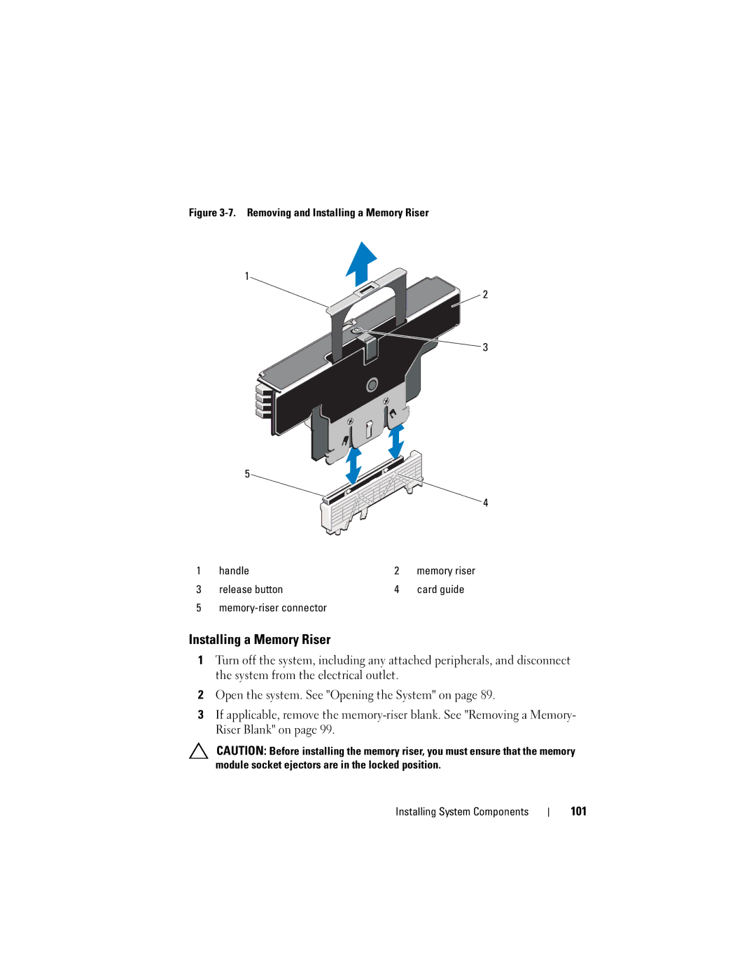 Dell E06S Series, E06S001 owner manual Installing a Memory Riser, Release button Card guide Memory-riser connector 