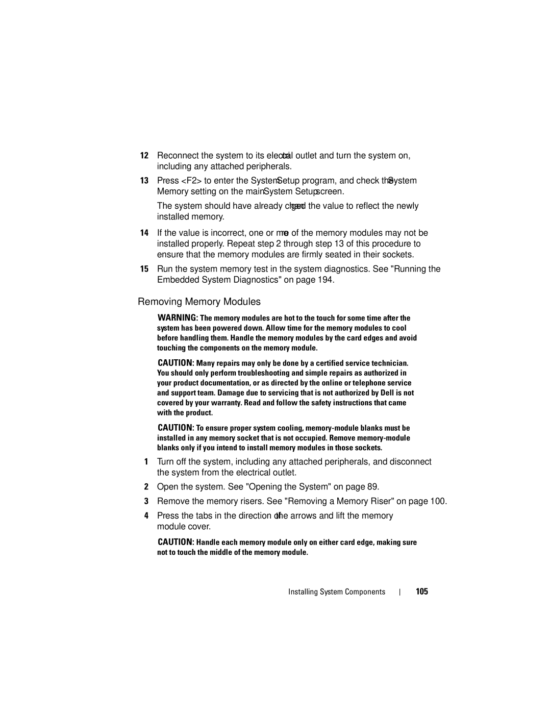 Dell E06S Series, E06S001 owner manual Removing Memory Modules 