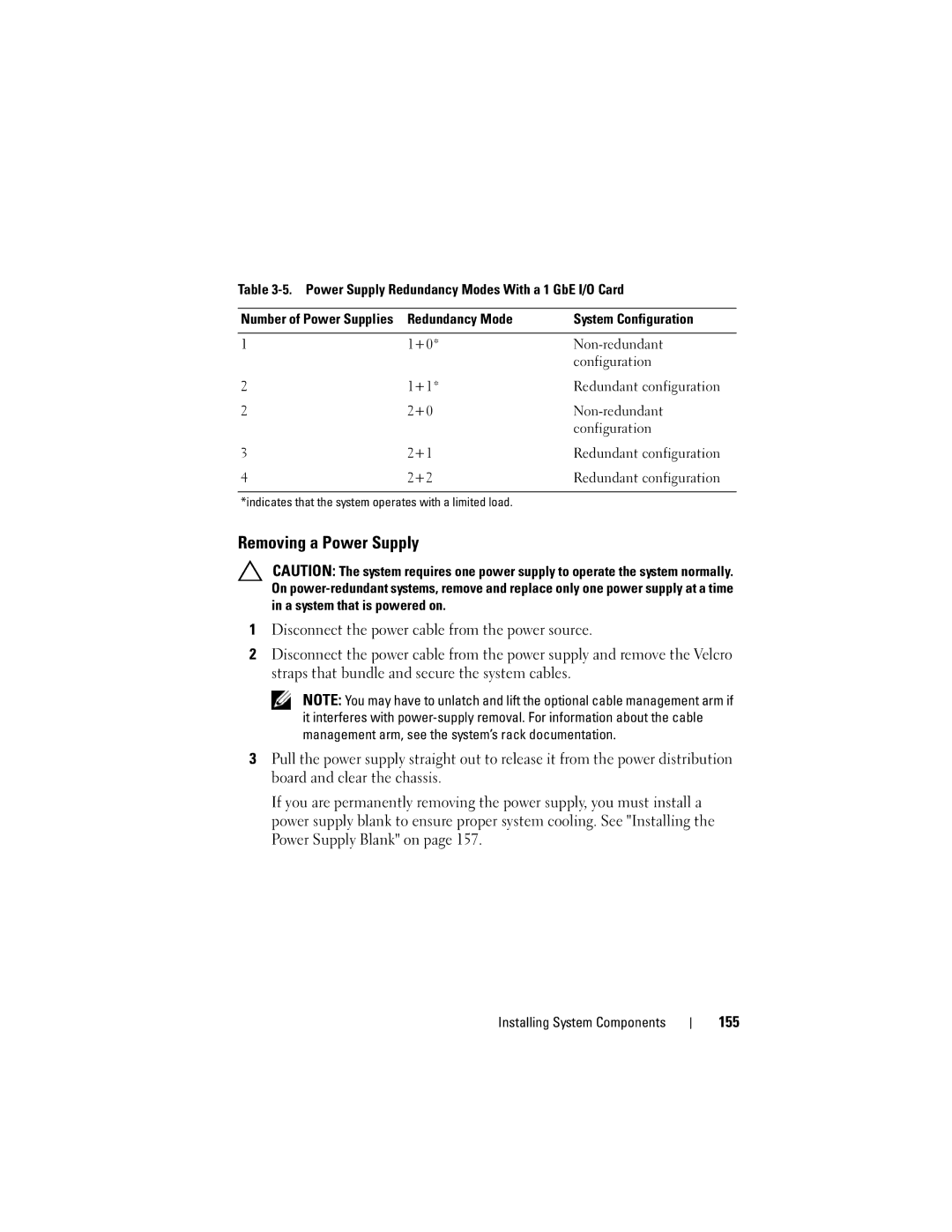 Dell E06S Series, E06S001 owner manual Removing a Power Supply, Power Supply Redundancy Modes With a 1 GbE I/O Card 