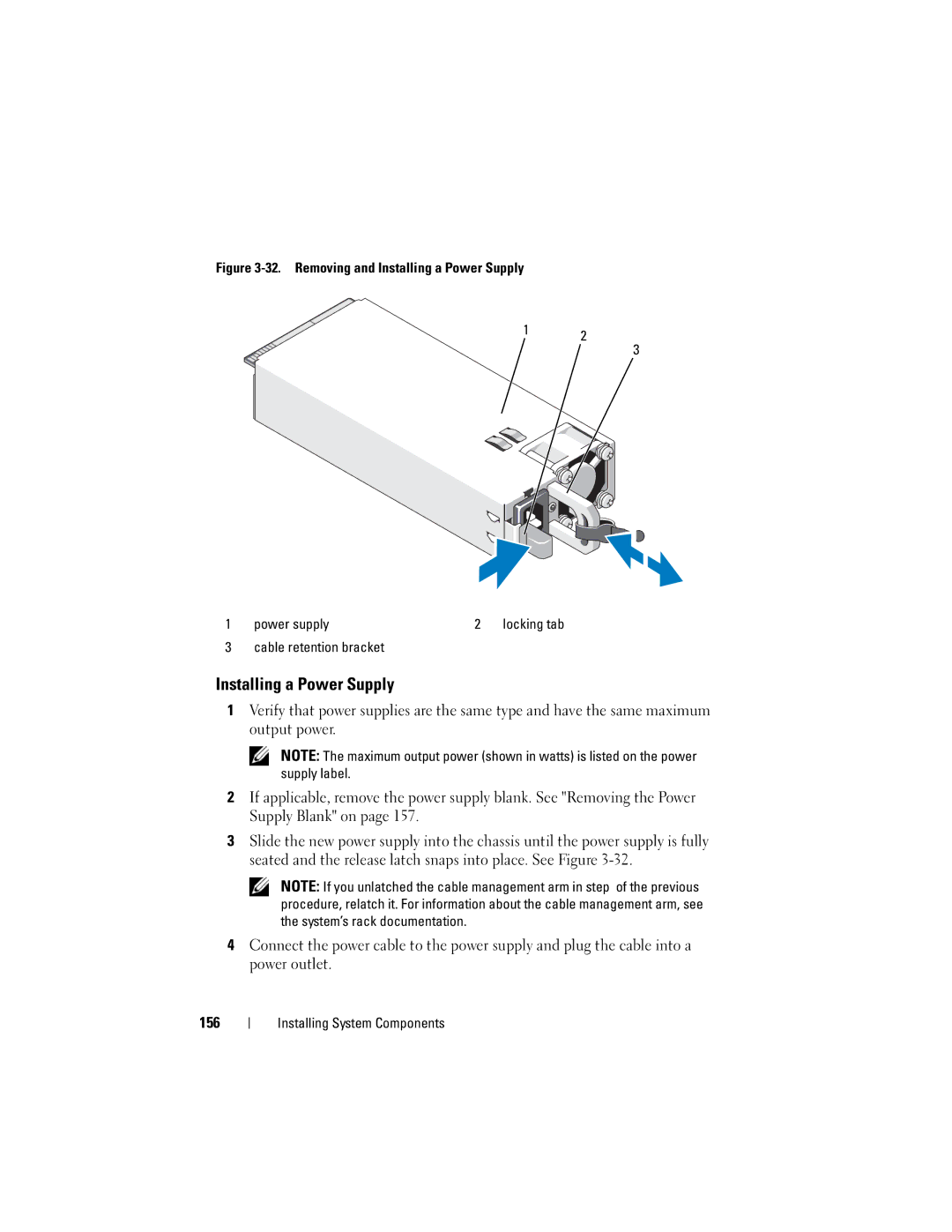 Dell E06S001, E06S Series owner manual Installing a Power Supply, Cable retention bracket 