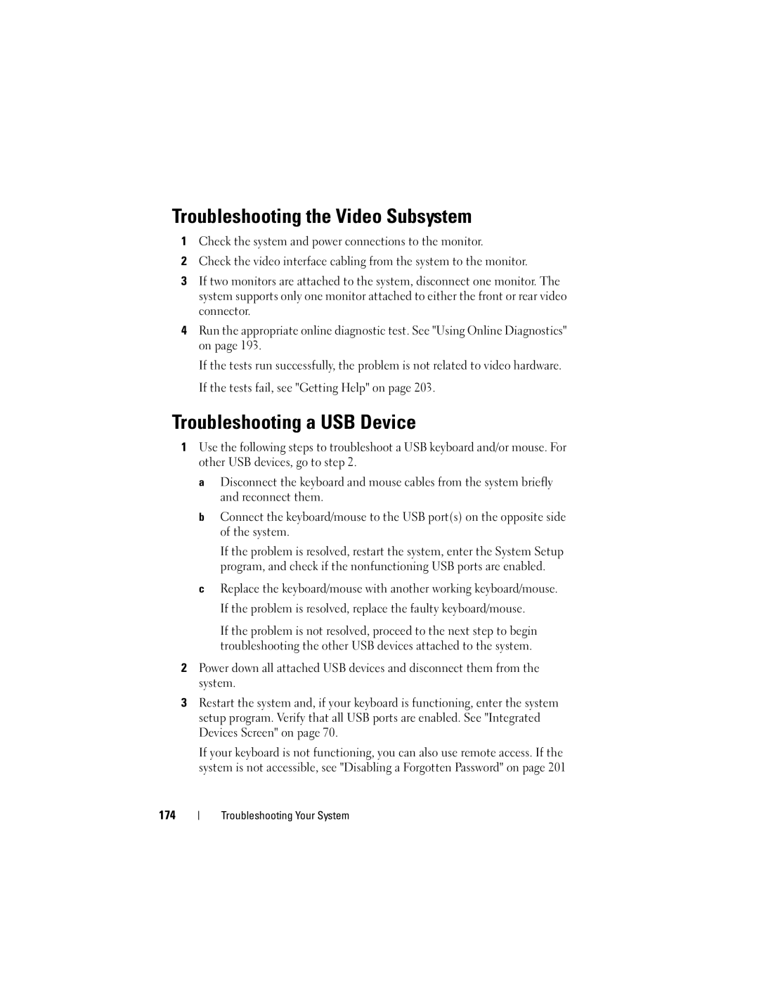 Dell E06S001, E06S Series owner manual Troubleshooting the Video Subsystem, Troubleshooting a USB Device 