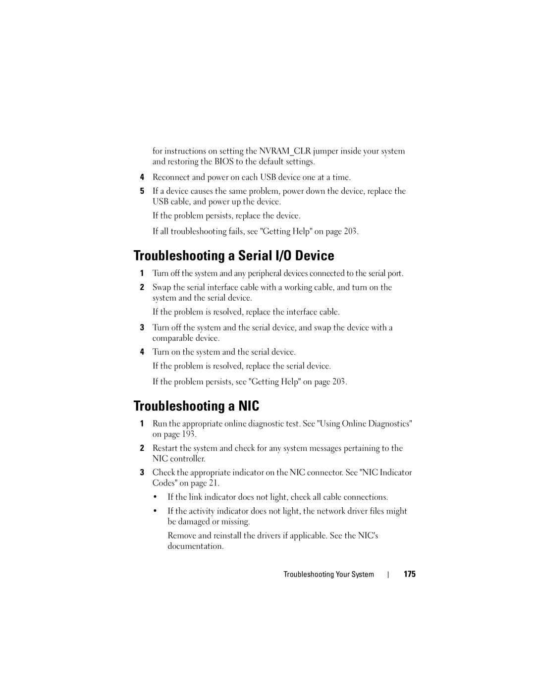 Dell E06S Series, E06S001 owner manual Troubleshooting a Serial I/O Device, Troubleshooting a NIC 