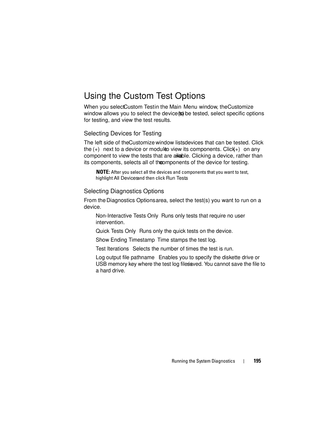 Dell E06S Series, E06S001 Using the Custom Test Options, Selecting Devices for Testing, Selecting Diagnostics Options 