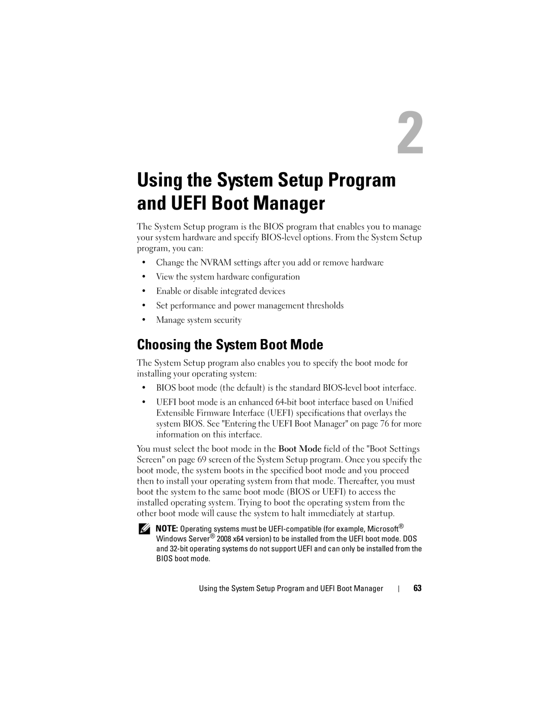 Dell E06S Series, E06S001 owner manual Using the System Setup Program and Uefi Boot Manager, Choosing the System Boot Mode 