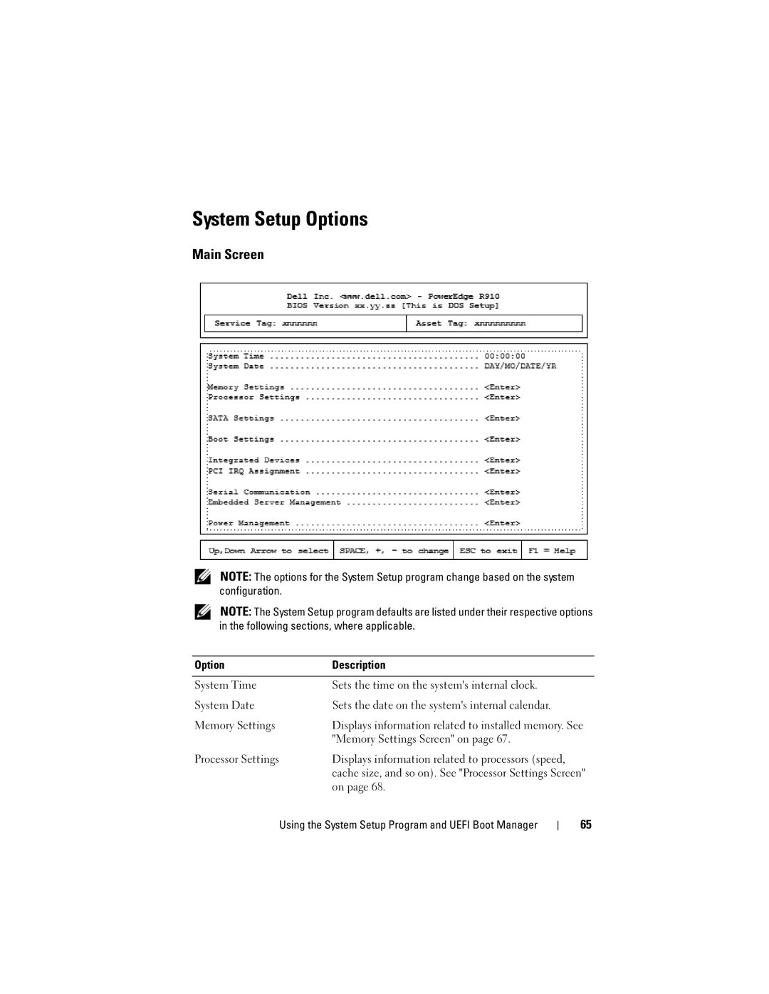 Dell E06S Series, E06S001 owner manual System Setup Options, Main Screen, Memory Settings Screen on 