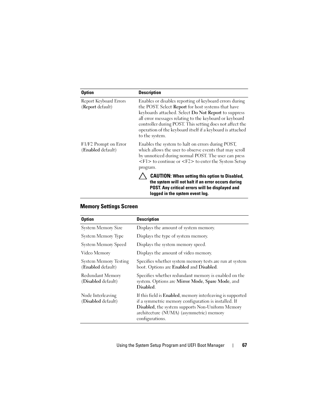 Dell E06S Series, E06S001 owner manual Memory Settings Screen 