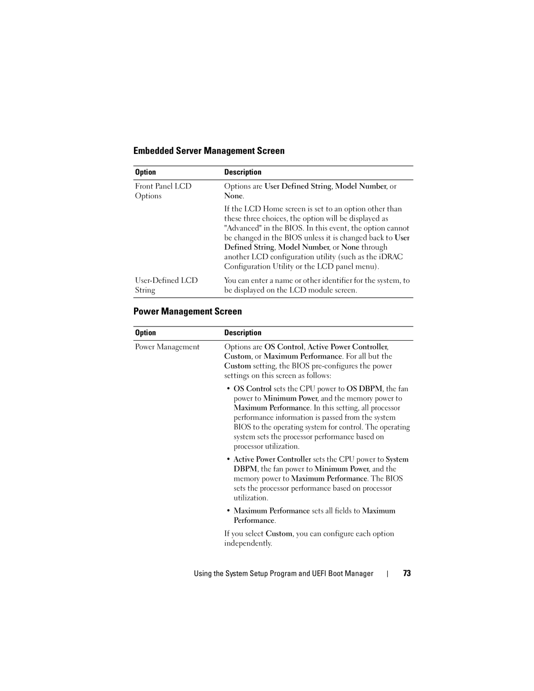 Dell E06S Series, E06S001 owner manual Embedded Server Management Screen, Power Management Screen 