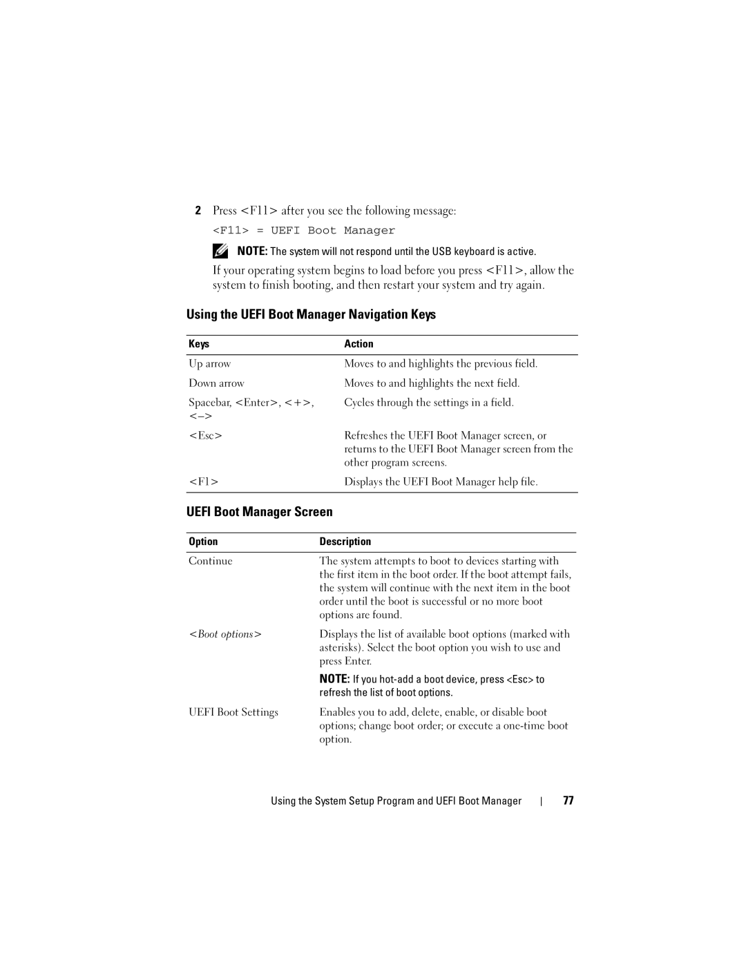 Dell E06S Series, E06S001 owner manual Using the Uefi Boot Manager Navigation Keys, Uefi Boot Manager Screen 